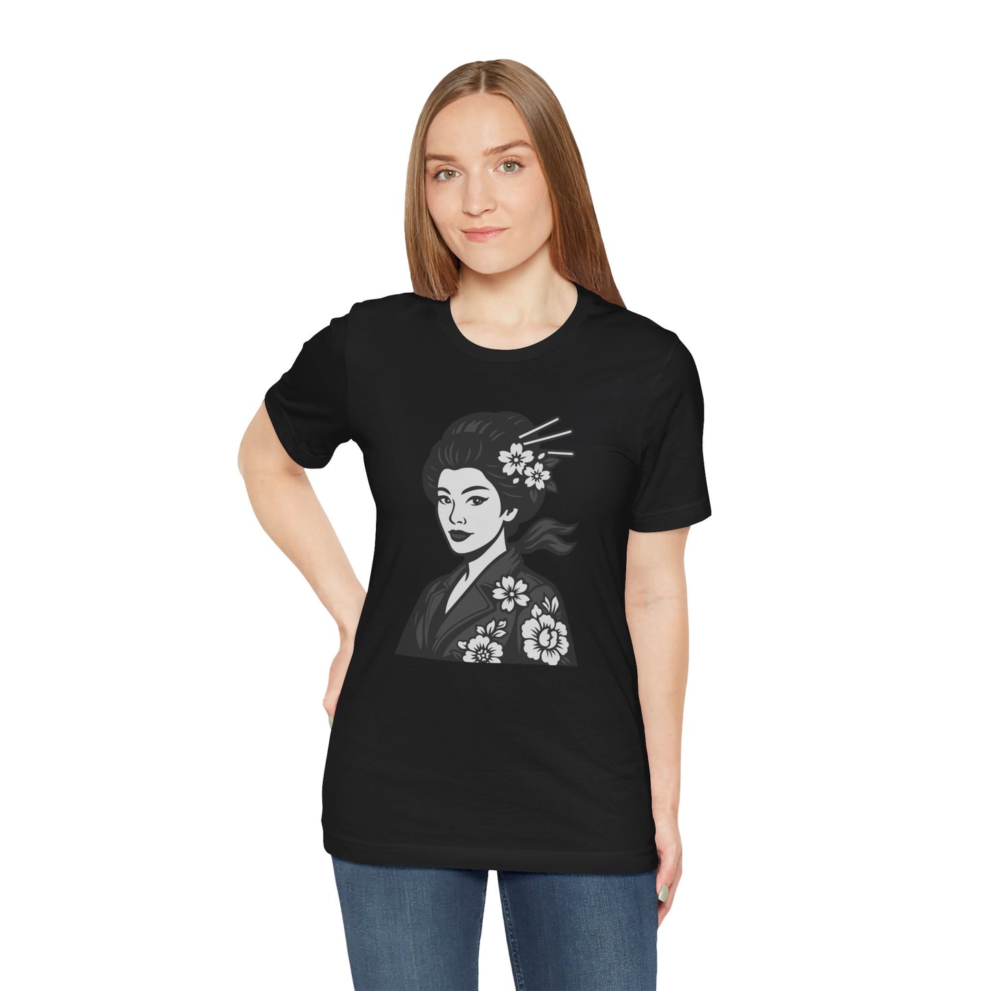 Floral Geisha Graphic Tee Dark Theme – Elegant Vector Portrait with Modern Ghost Effect