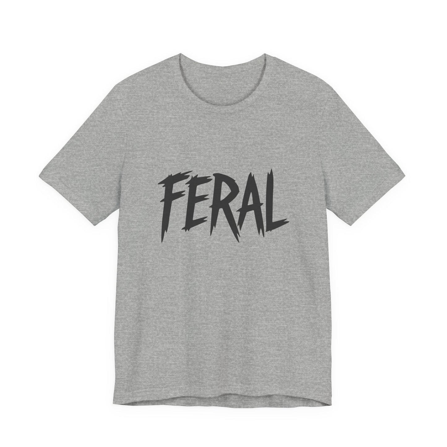 FERAL Text Graphic T-Shirt – Bold Dark Theme Lettering on Black Tee with Untamed Energy and Subtle Modern Ghost Effect. Unisex Jersey Short Sleeve Tee