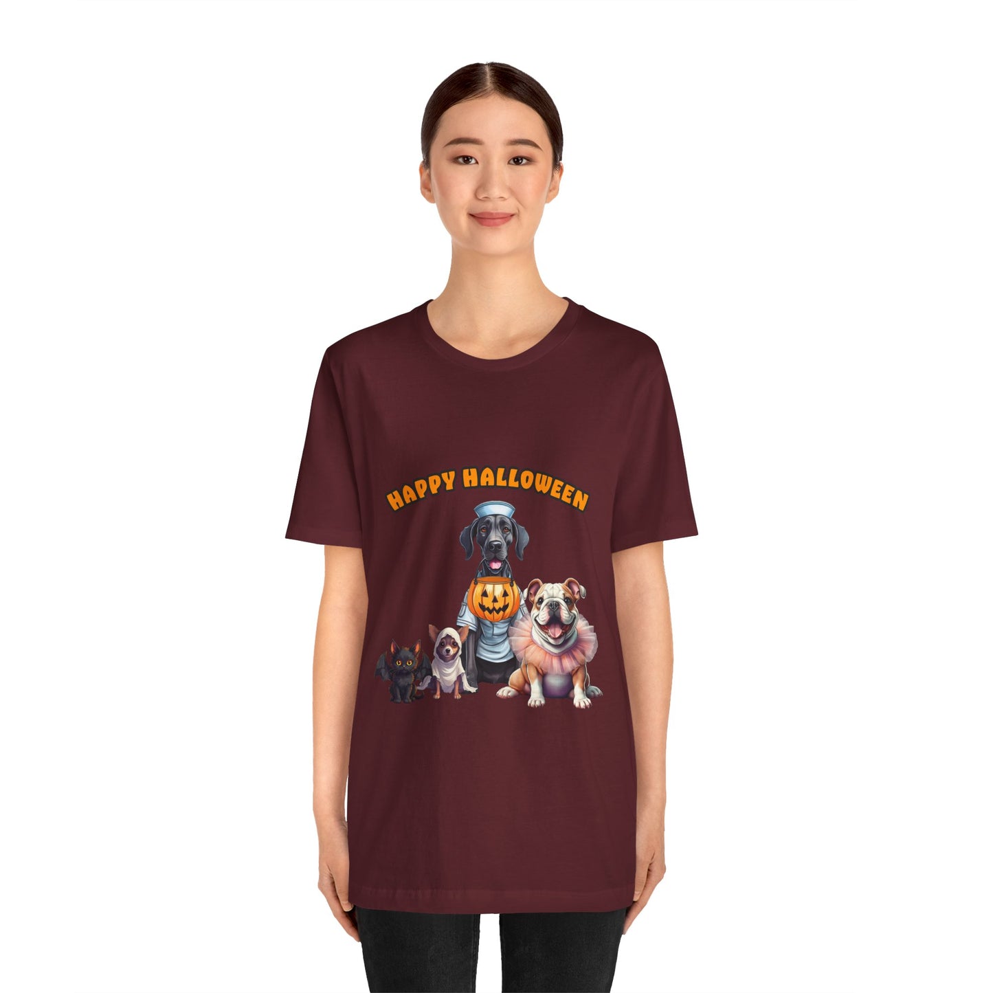 Happy Halloween Pet Parade Shirt – Cute Halloween Dogs and Cat in Costumes. Unisex Jersey Short Sleeve Tee