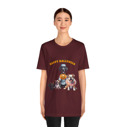 Happy Halloween Pet Parade Shirt – Cute Halloween Dogs and Cat in Costumes. Unisex Jersey Short Sleeve Tee