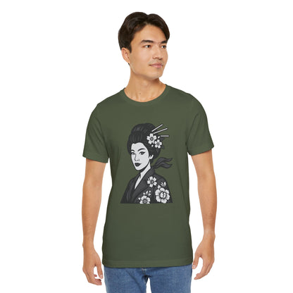 Floral Geisha Graphic Tee Dark Theme – Elegant Vector Portrait with Modern Ghost Effect