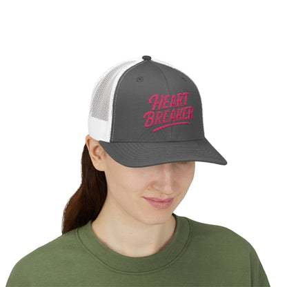 Heartbreaker Trucker Hat – Bold Baseball Hat with Retro Script and Broken Heart Design for Confident Rule-Breakers. Pink Letters