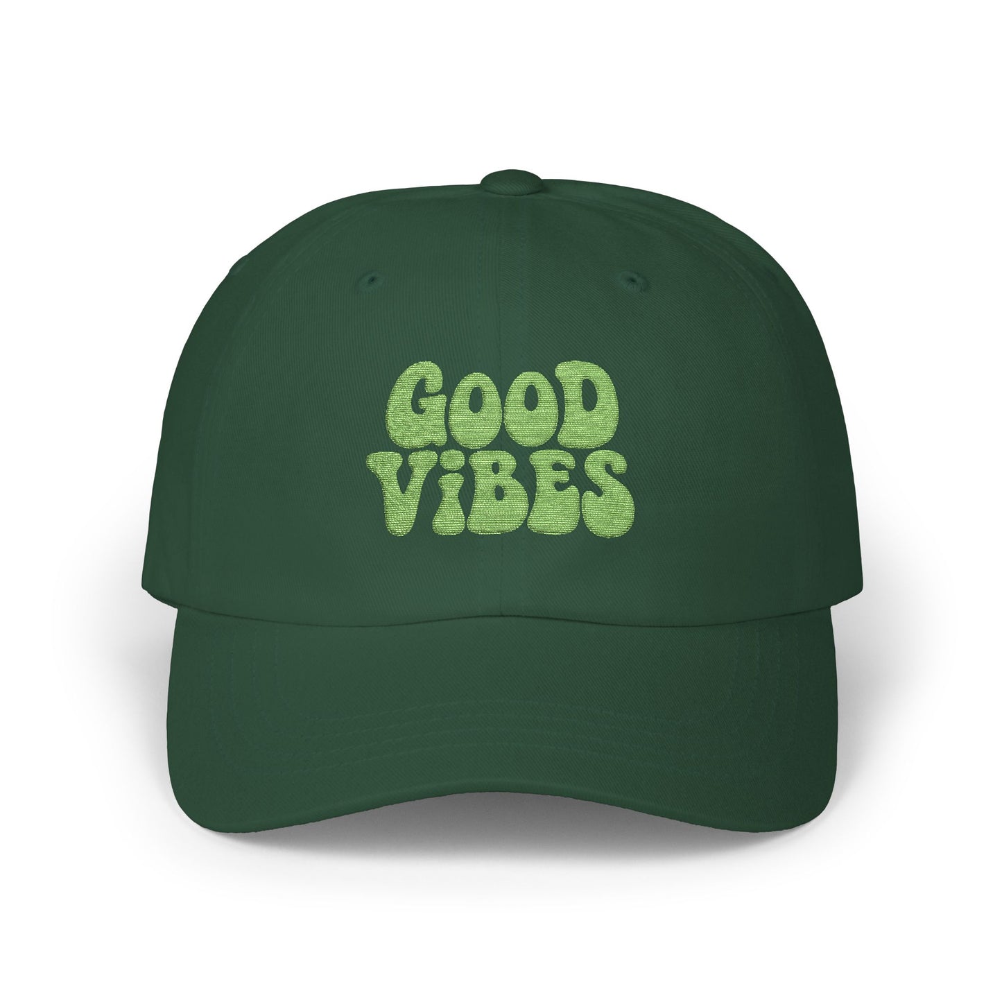 Good Vibes Classic Dad Hat – Embroidered Retro Text Hat for Positive Vibes, Chill Style, and Everyday Feel-Good Energy. Green Letters