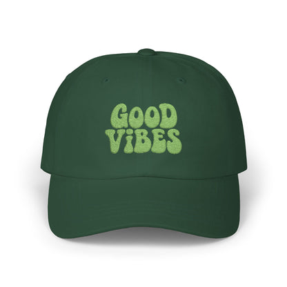 Good Vibes Classic Dad Hat – Embroidered Retro Text Hat for Positive Vibes, Chill Style, and Everyday Feel-Good Energy. Green Letters