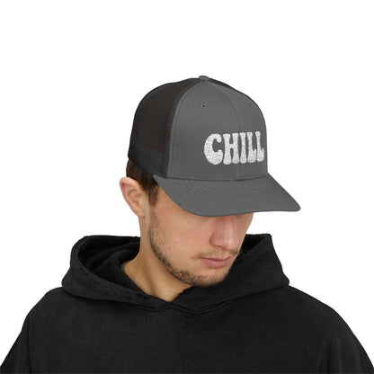 Chill Trucker Hat – Embroidered Relaxed Script Hat for Easygoing Vibes and Everyday Cool. White Letters