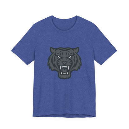Tiger Head Graphic T-Shirt – Dark Theme Grayscale Roaring Beast Design on Black Tee with Fierce Focus and Modern Ghost Effect. Unisex Jersey Short Sleeve Tee