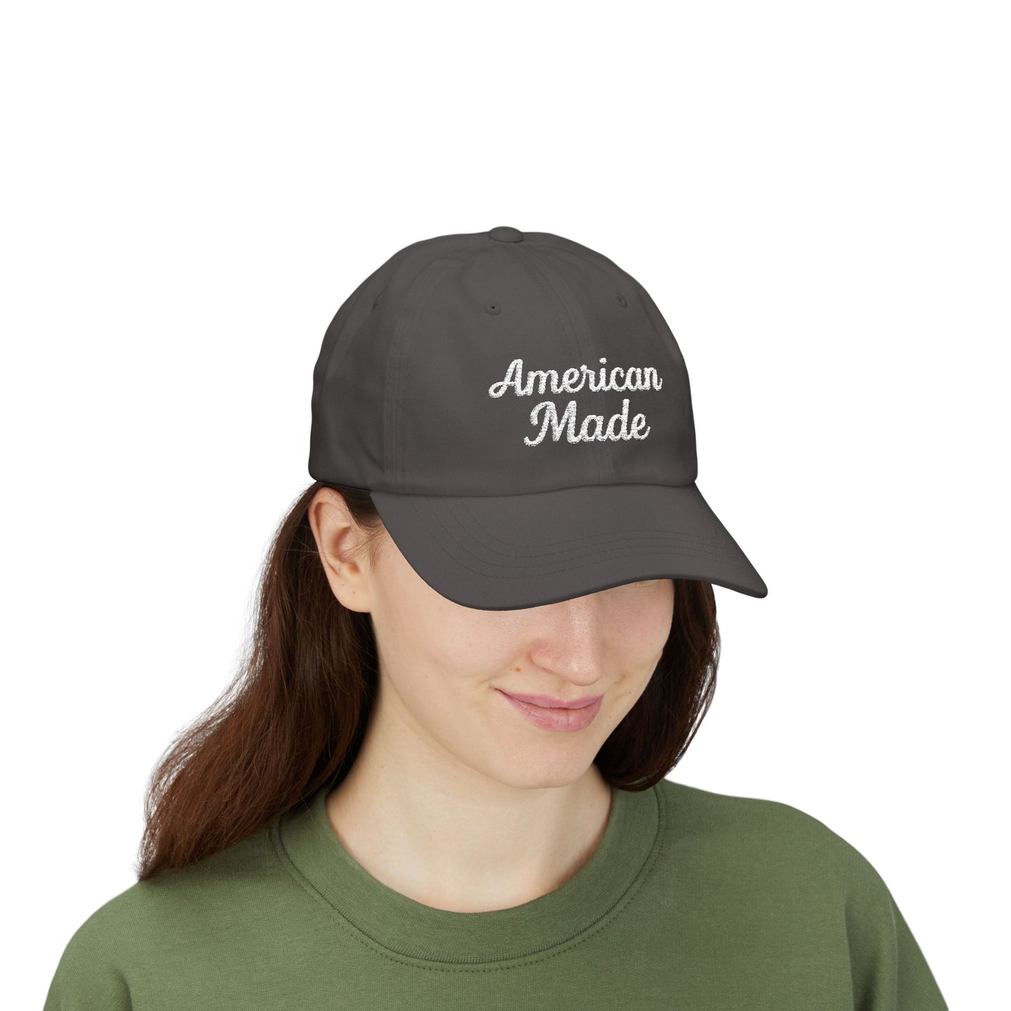 American Made Classic Dad Hat – Embroidered Patriotic Baseball Hat with Retro Script for USA Pride and Everyday Wear. White Letters