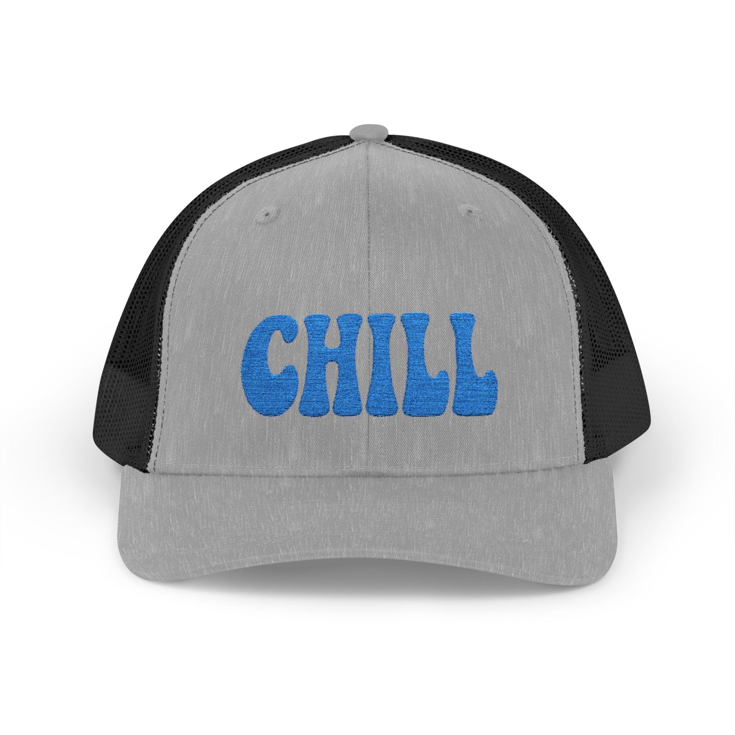 Chill Trucker Hat – Embroidered Relaxed Script Hat for Easygoing Vibes and Everyday Cool. Blue Letters
