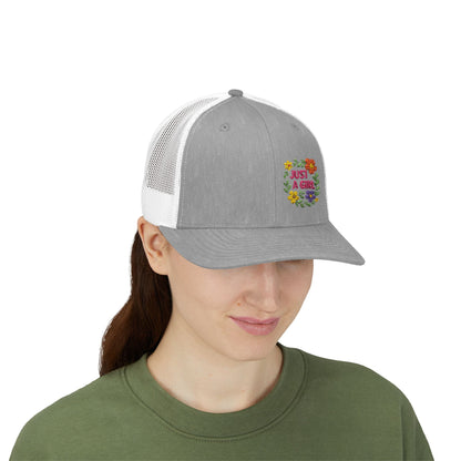 Just a Girl Trucker Hat – Colorful Floral Text Hat with Bold Feminine Style and Summer Vibes