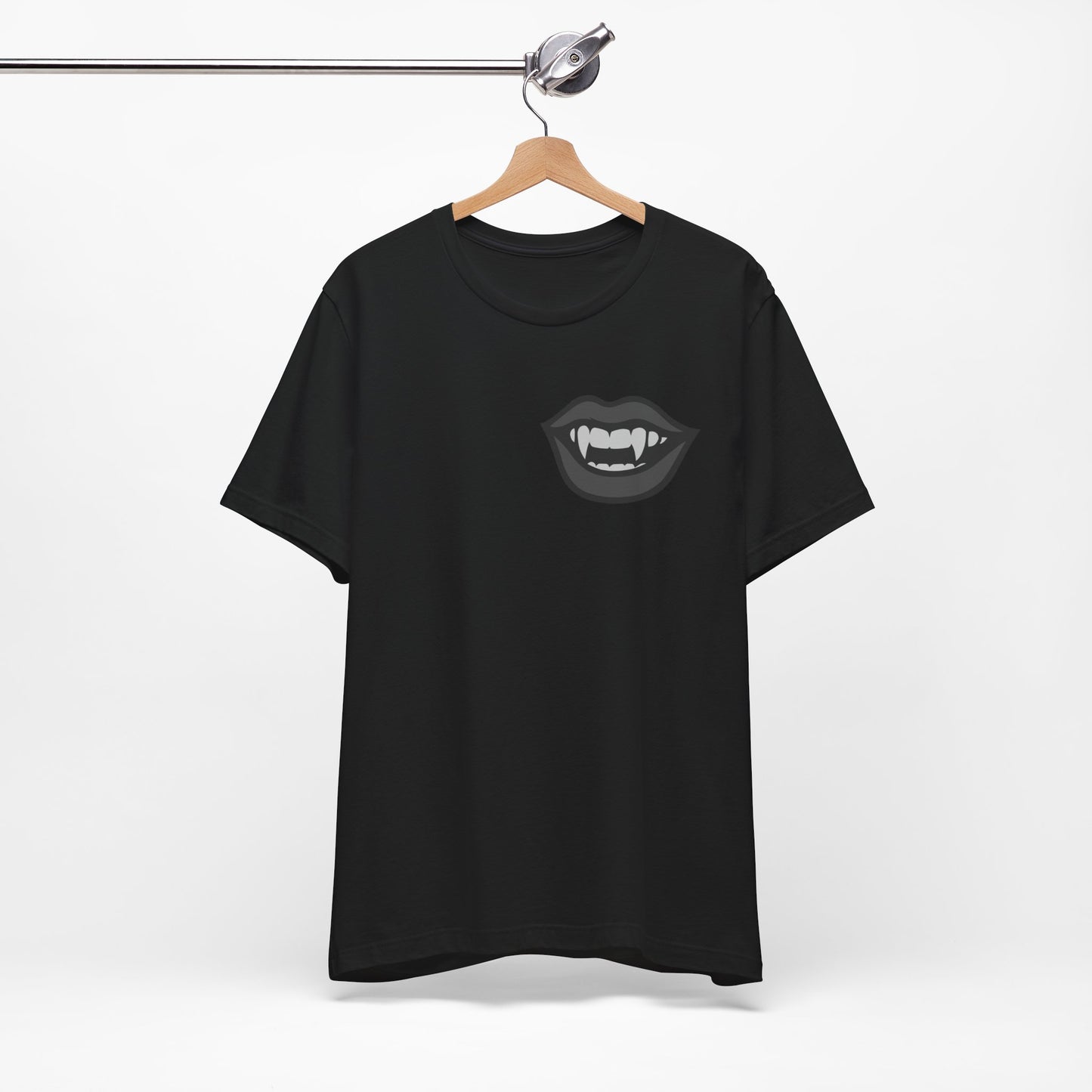 Vampire Mouth Graphic T-Shirt – Dark Theme Grayscale Fanged Lips on Black Tee with Gothic Bite and Modern Ghost Effect. Unisex Jersey Short Sleeve Tee