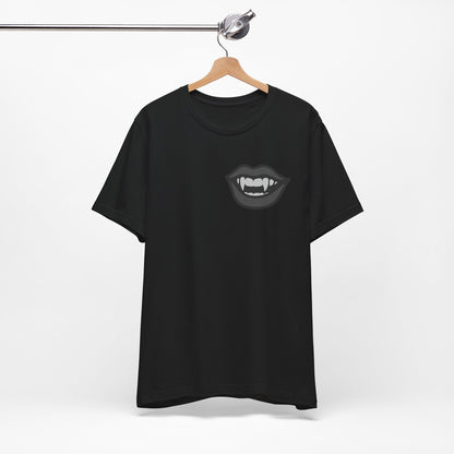 Vampire Mouth Graphic T-Shirt – Dark Theme Grayscale Fanged Lips on Black Tee with Gothic Bite and Modern Ghost Effect. Unisex Jersey Short Sleeve Tee