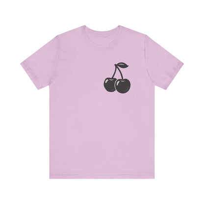 Dark Cherry Graphic T-Shirt – Minimal Dark Theme Grayscale Fruit Design on Black Tee with Subtle Style and Modern Ghost Effect. Unisex Jersey Short Sleeve Tee