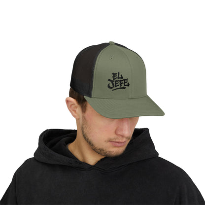 El Jefe Trucker Hat – Embroidered Bold Text Hat for Boss Energy, Leadership Style, and Latin Flair. Black Letters
