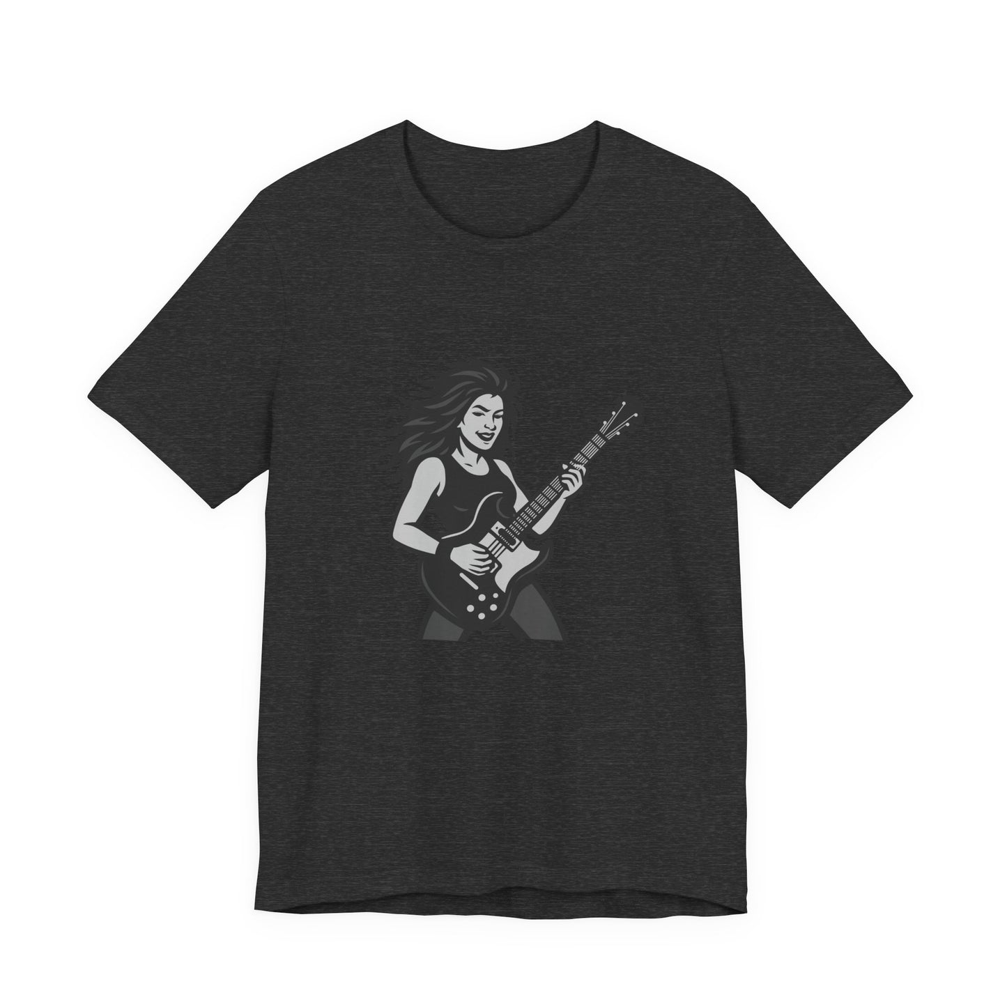 Rock Guitar Girl Graphic T-Shirt – Dark Theme Grayscale Electric Guitarist Design on Black Tee with Music Attitude and Modern Ghost Effect. Unisex Jersey Short Sleeve Tee