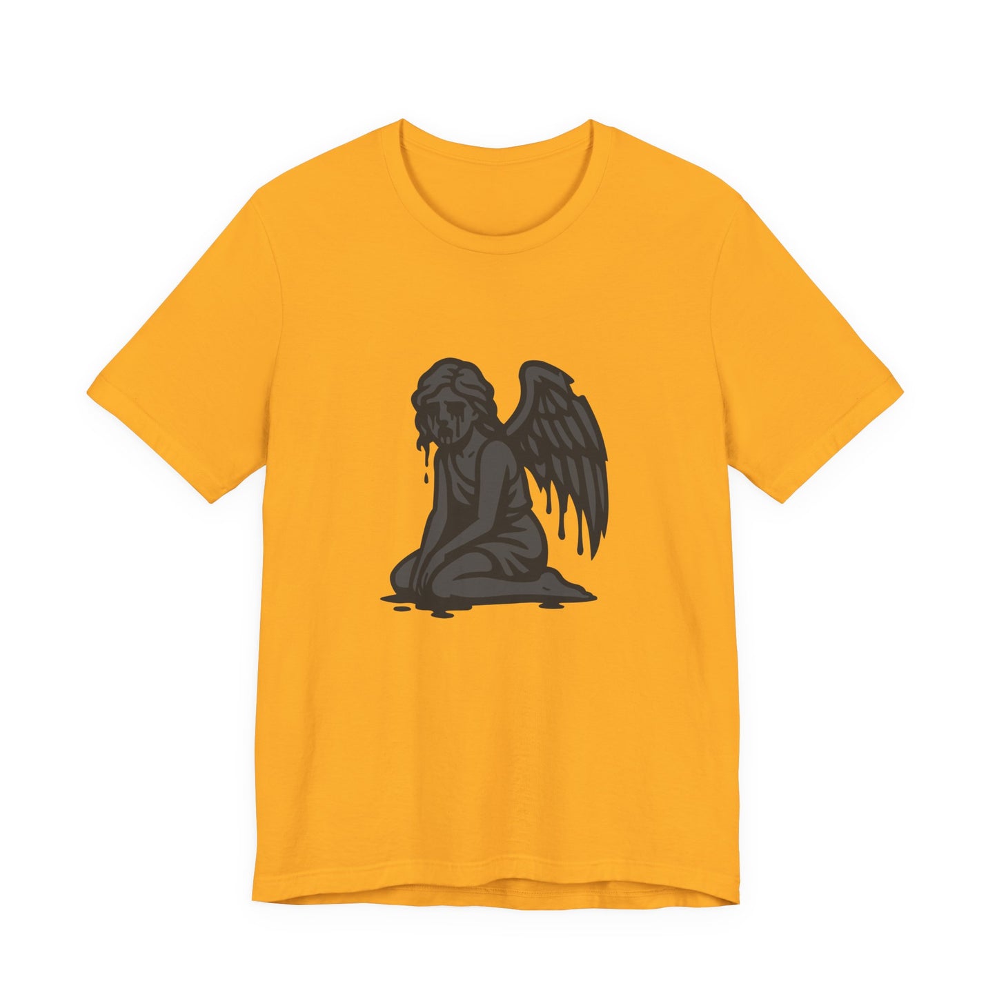 Fallen Angel Dark Theme Graphic T-Shirt – Dark Grayscale Crying Angel Design on Black Tee with Gothic Mood and Modern Ghost Effect. Unisex Jersey Short Sleeve Tee