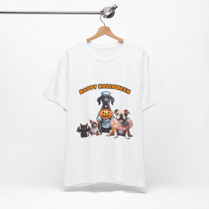 Happy Halloween Pet Parade Shirt – Cute Halloween Dogs and Cat in Costumes. Unisex Jersey Short Sleeve Tee