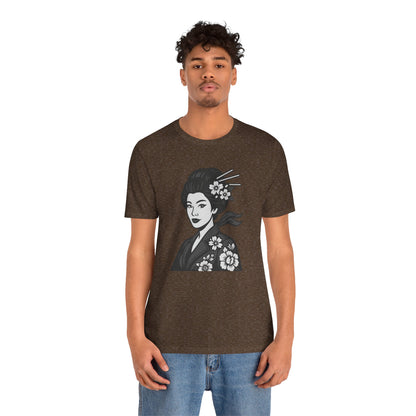 Floral Geisha Graphic Tee Dark Theme – Elegant Vector Portrait with Modern Ghost Effect