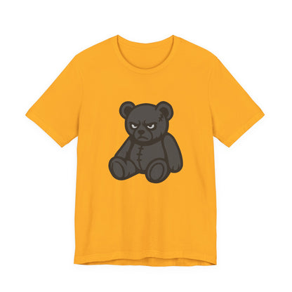 Angry Teddy Bear Graphic T-Shirt – Dark Theme Grayscale Plush with Attitude on Black Tee for Edgy or Ironic Style. Unisex Jersey Short Sleeve Tee