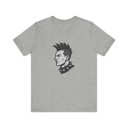 Punk Guy Graphic T-Shirt – Dark Theme Grayscale Mohawk Portrait on Black Tee with Attitude and Subtle Modern Ghost Effect. Unisex Jersey Short Sleeve Tee