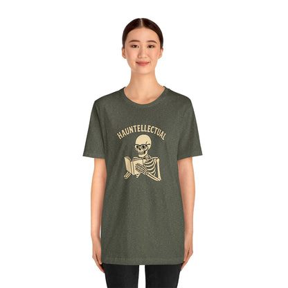 Hauntellectual Halloween Shirt – Funny Skeleton Reading Book Tee for Spooky Smart People
