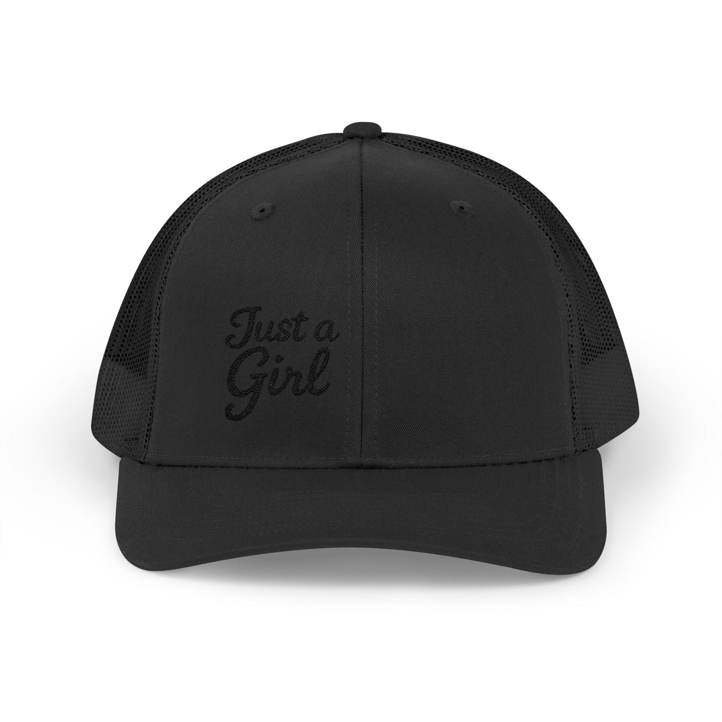 Just a Girl Trucker Hat – Minimalist Script Hat with Bold Feminine Energy and Classic Style. Black Letters
