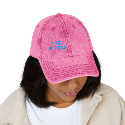 I Pee In Pools Vintage Hat – Funny Hat with Bold Blue Text for Lifeguard Terrors and Poolside Menaces