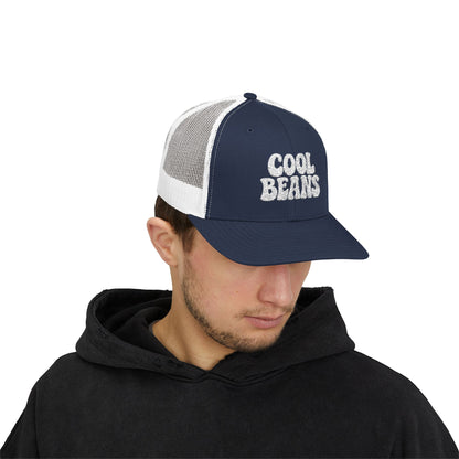Cool Beans Trucker Hat – Embroidered Funny Minimalist Hat for Dry Humor and Casual Vibes. White Letters