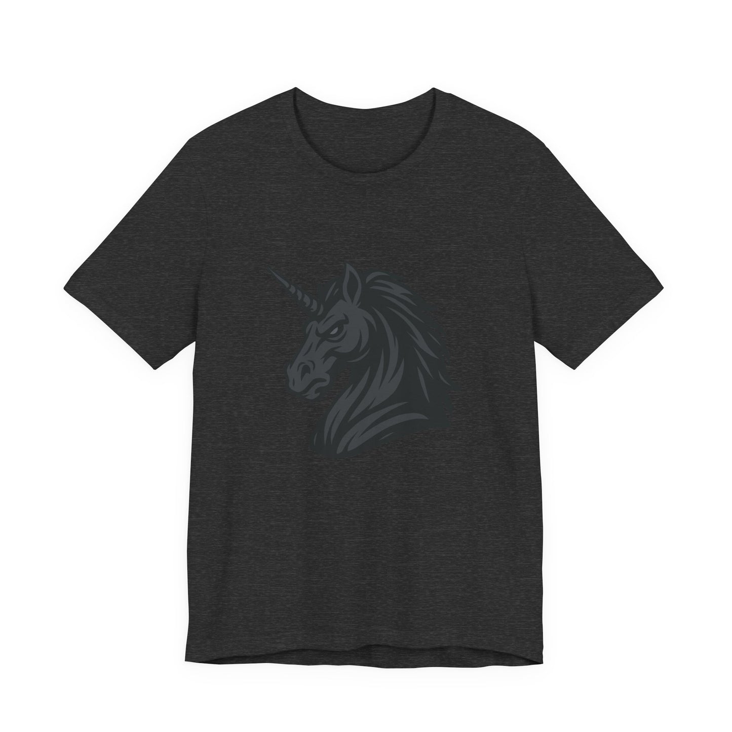 Dark Unicorn Profile T-Shirt – Dark Theme Grayscale Fierce Mythical Horse Design on Black Tee with Gothic Magic and Modern Ghost Effect. Unisex Jersey Short Sleeve Tee