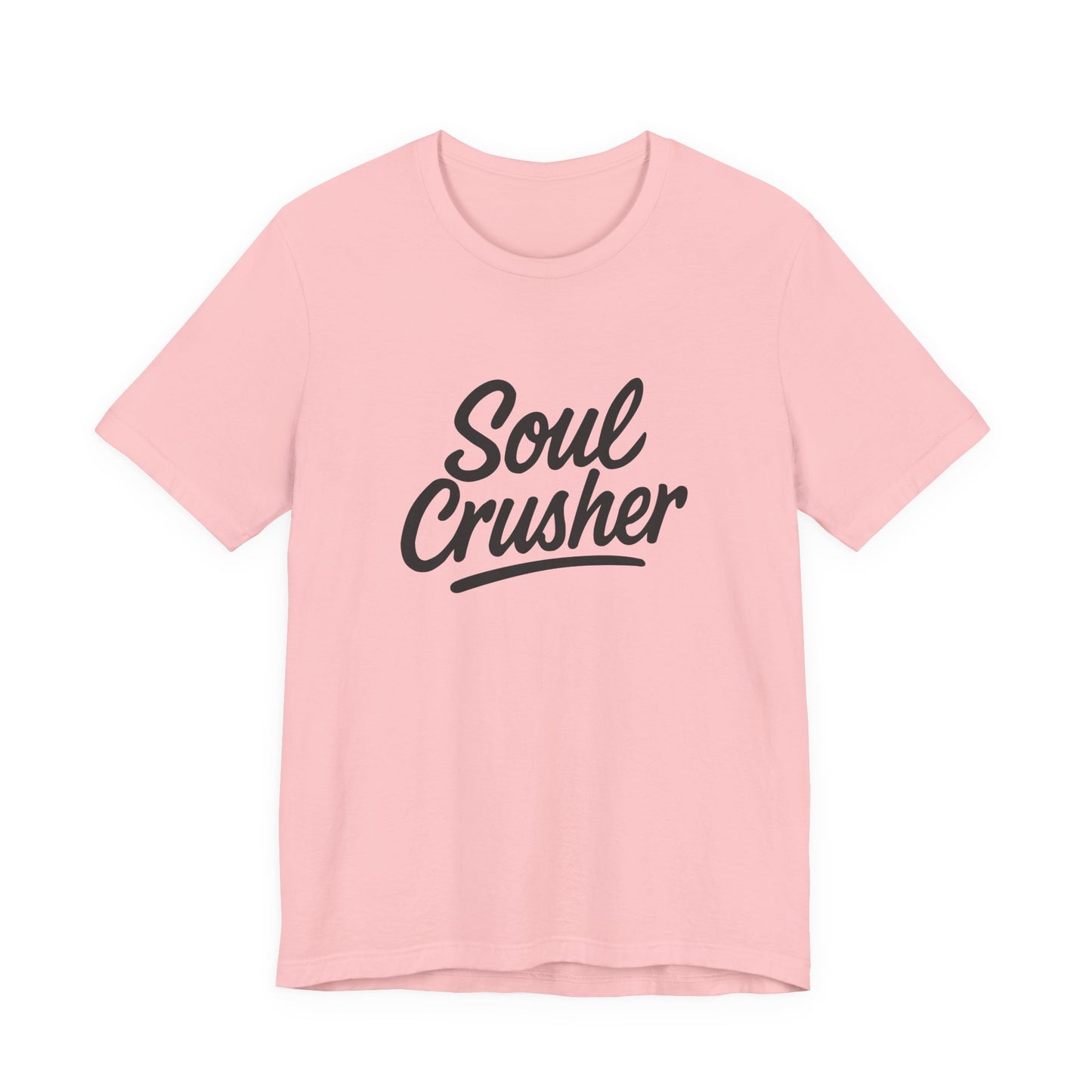 Soul Crusher Text T-Shirt – Dark Theme Grayscale Script Typography on Black Tee with Dark Energy and Modern Ghost Effect. Unisex Jersey Short Sleeve Tee