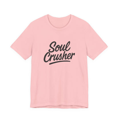 Soul Crusher Text T-Shirt – Dark Theme Grayscale Script Typography on Black Tee with Dark Energy and Modern Ghost Effect. Unisex Jersey Short Sleeve Tee