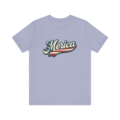 'Merica Vintage Script Shirt – Patriotic Retro USA Tee for 4th of July – Independence Day American Pride Design. Unisex Jersey Short Sleeve Tee