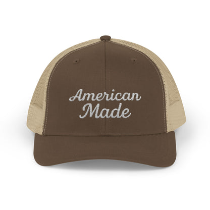 American Made Trucker Hat – Embroidered Patriotic Hat with Retro Script for USA Pride and Everyday Freedom. White Letters