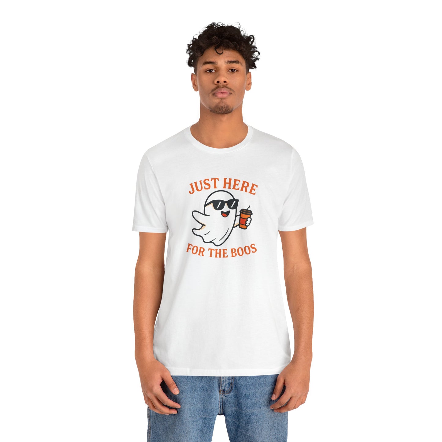 Just Here for the Boos Halloween Shirt – Funny Ghost Drinking Coffee Graphic Tee for Spooky Season