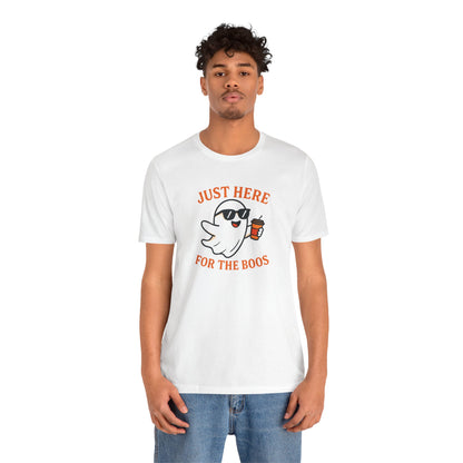 Just Here for the Boos Halloween Shirt – Funny Ghost Drinking Coffee Graphic Tee for Spooky Season