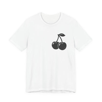Dark Cherry Graphic T-Shirt – Minimal Dark Theme Grayscale Fruit Design on Black Tee with Subtle Style and Modern Ghost Effect. Unisex Jersey Short Sleeve Tee