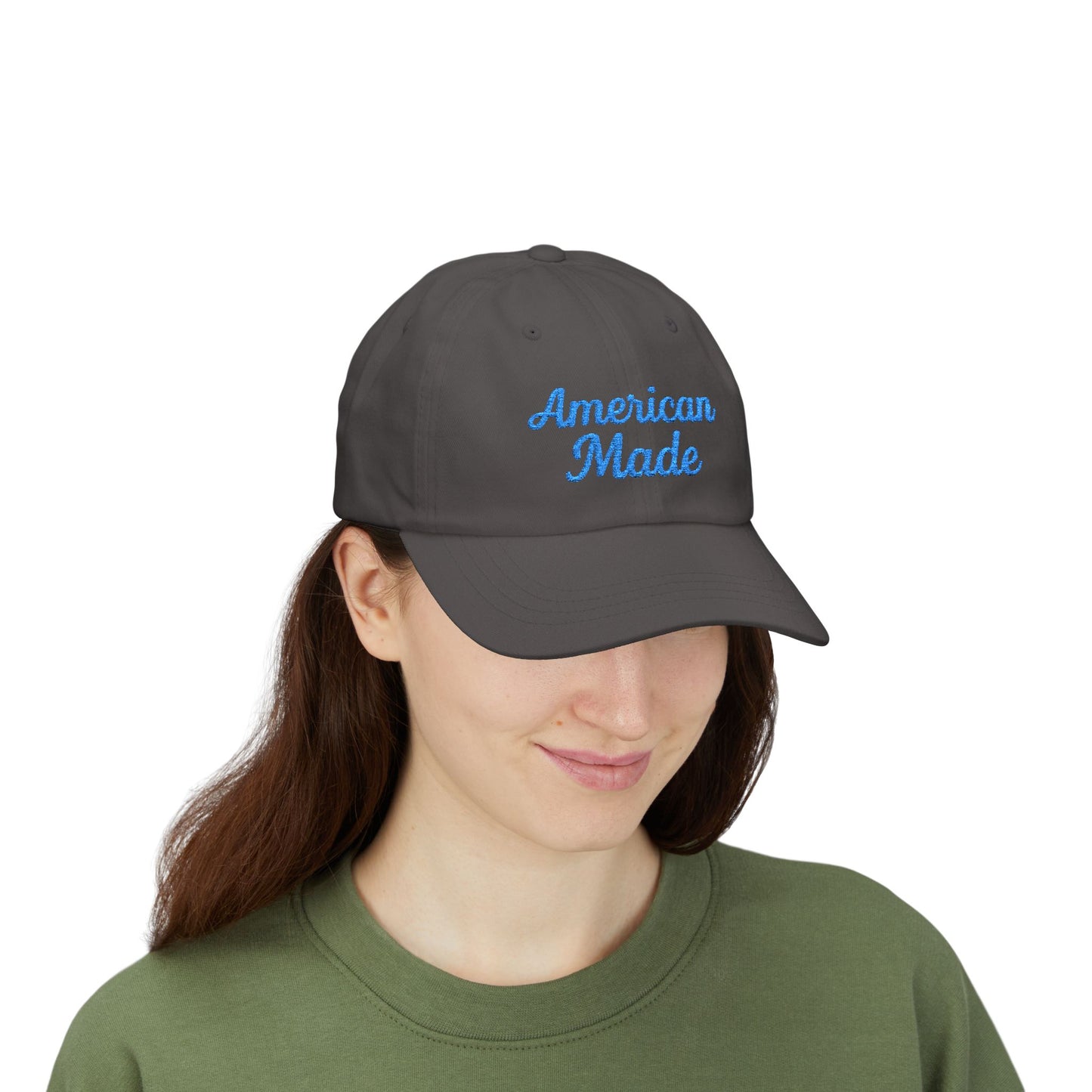 American Made Classic Dad Hat – Embroidered Patriotic Baseball Hat with Retro Script for USA Pride and Everyday Wear. Light blue letters