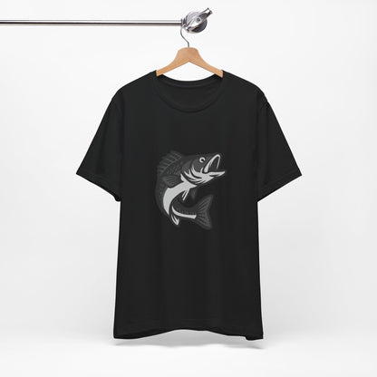 Walleye Fishing Graphic T-Shirt – Dark Theme Grayscale Freshwater Game Fish Design on Black Tee with Angler Energy and Modern Ghost Effect. Unisex Jersey Short Sleeve Tee
