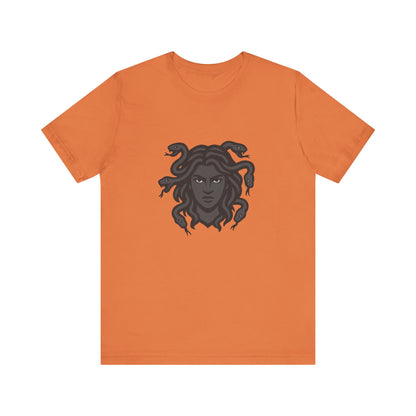 Medusa Graphic T-Shirt – Dark Theme Grayscale Snake-Haired Gorgon Design on Black Tee with Dark Myth Vibe and Modern Ghost Effect. Unisex Jersey Short Sleeve Tee