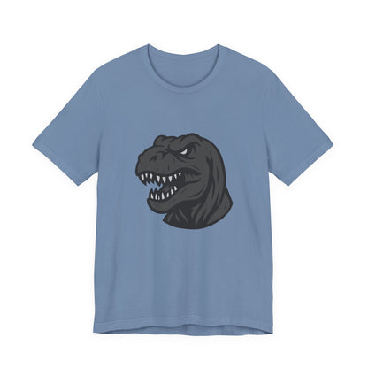T-Rex Profile Graphic T-Shirt – Dark Theme Grayscale Dinosaur Head on Black Tee with Prehistoric Power and Modern Ghost Effect. Unisex Jersey Short Sleeve Tee
