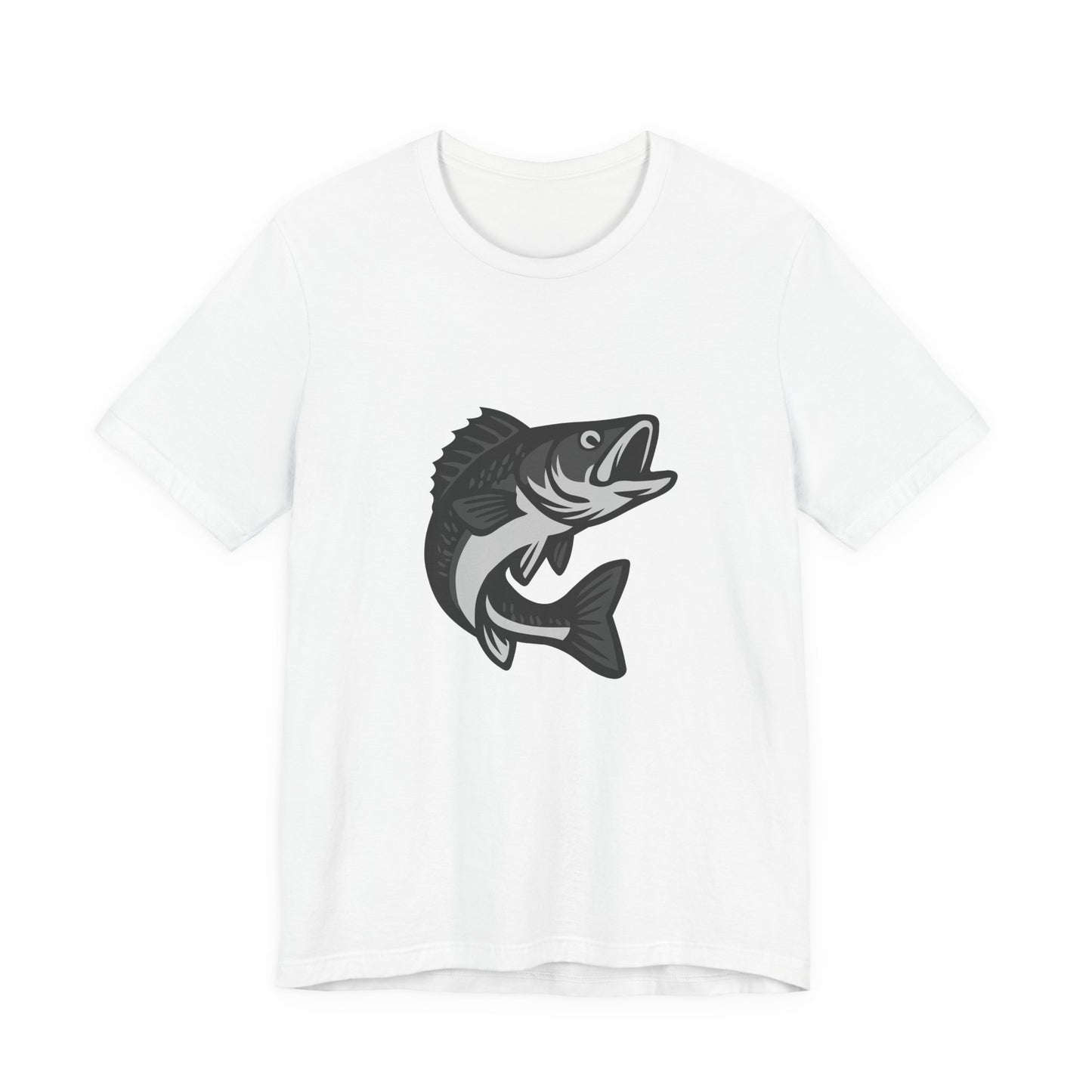 Walleye Fishing Graphic T-Shirt – Dark Theme Grayscale Freshwater Game Fish Design on Black Tee with Angler Energy and Modern Ghost Effect. Unisex Jersey Short Sleeve Tee