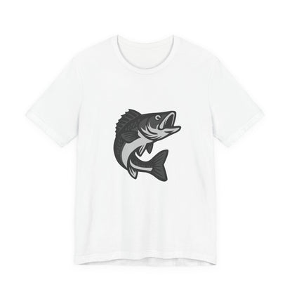 Walleye Fishing Graphic T-Shirt – Dark Theme Grayscale Freshwater Game Fish Design on Black Tee with Angler Energy and Modern Ghost Effect. Unisex Jersey Short Sleeve Tee