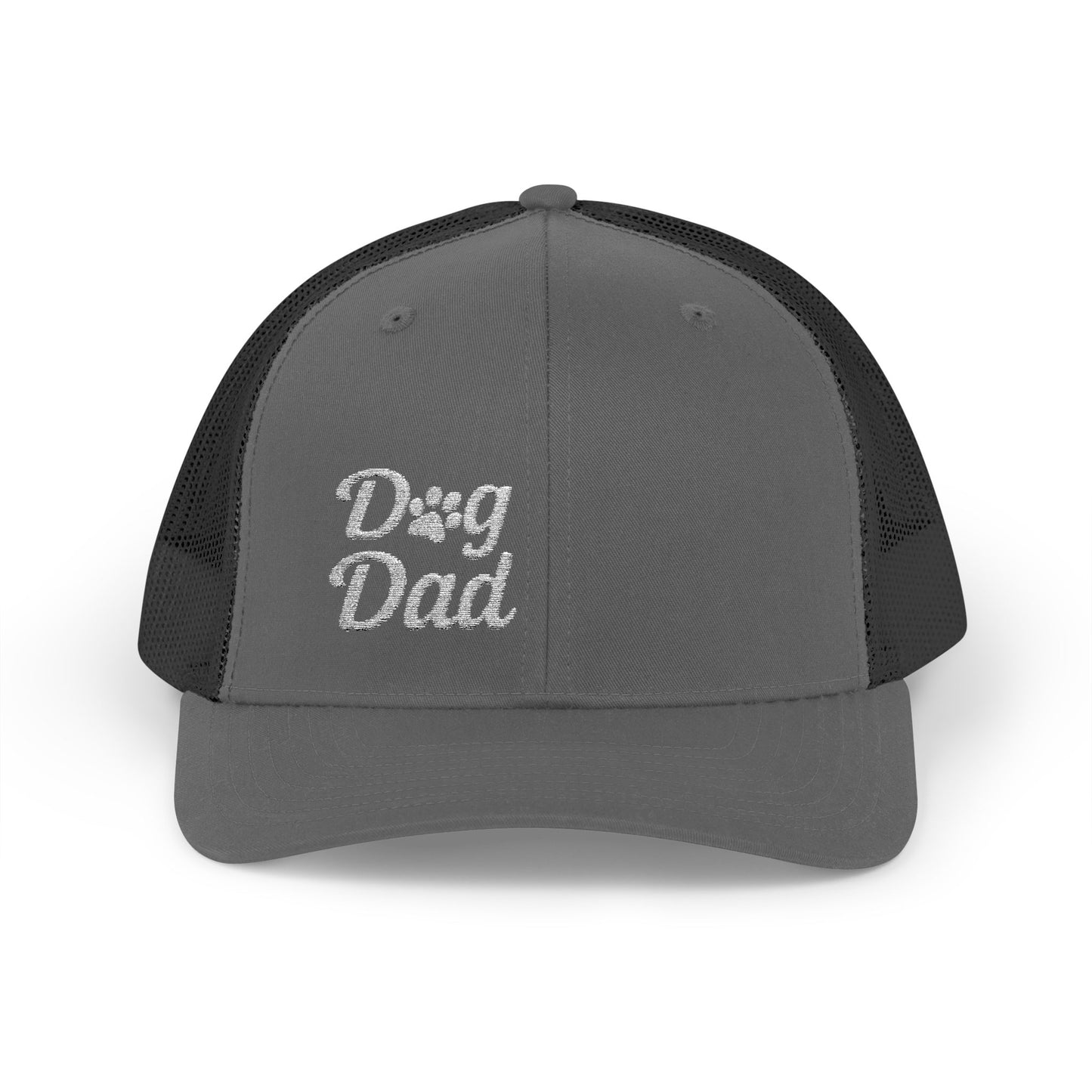 Dog Dad Trucker Hat – Embroidered Minimalist Dog Face Hat for Proud Pet Dads and Canine Companions. White Letters