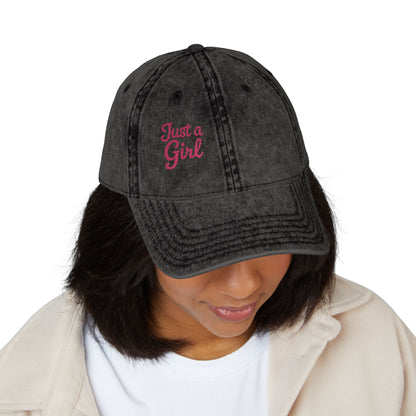 Just a Girl Vintage Hat – Minimalist Script Hat with Bold Feminine Energy and Classic Style