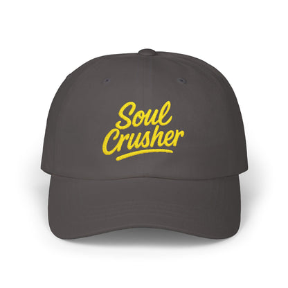 Soul Crusher Embroidered Classic Dad Hat – Clean Script Baseball Hat with Bold Edge for Heartbreakers, Villains, and Power Moves. Yellow Letters