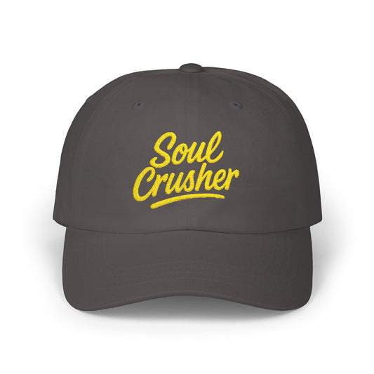 Soul Crusher Embroidered Classic Dad Hat – Clean Script Baseball Hat with Bold Edge for Heartbreakers, Villains, and Power Moves. Yellow Letters