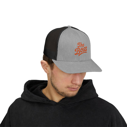 The Boss Trucker Hat – Embroidered Statement Hat for Power Moves Only. Orange Letters