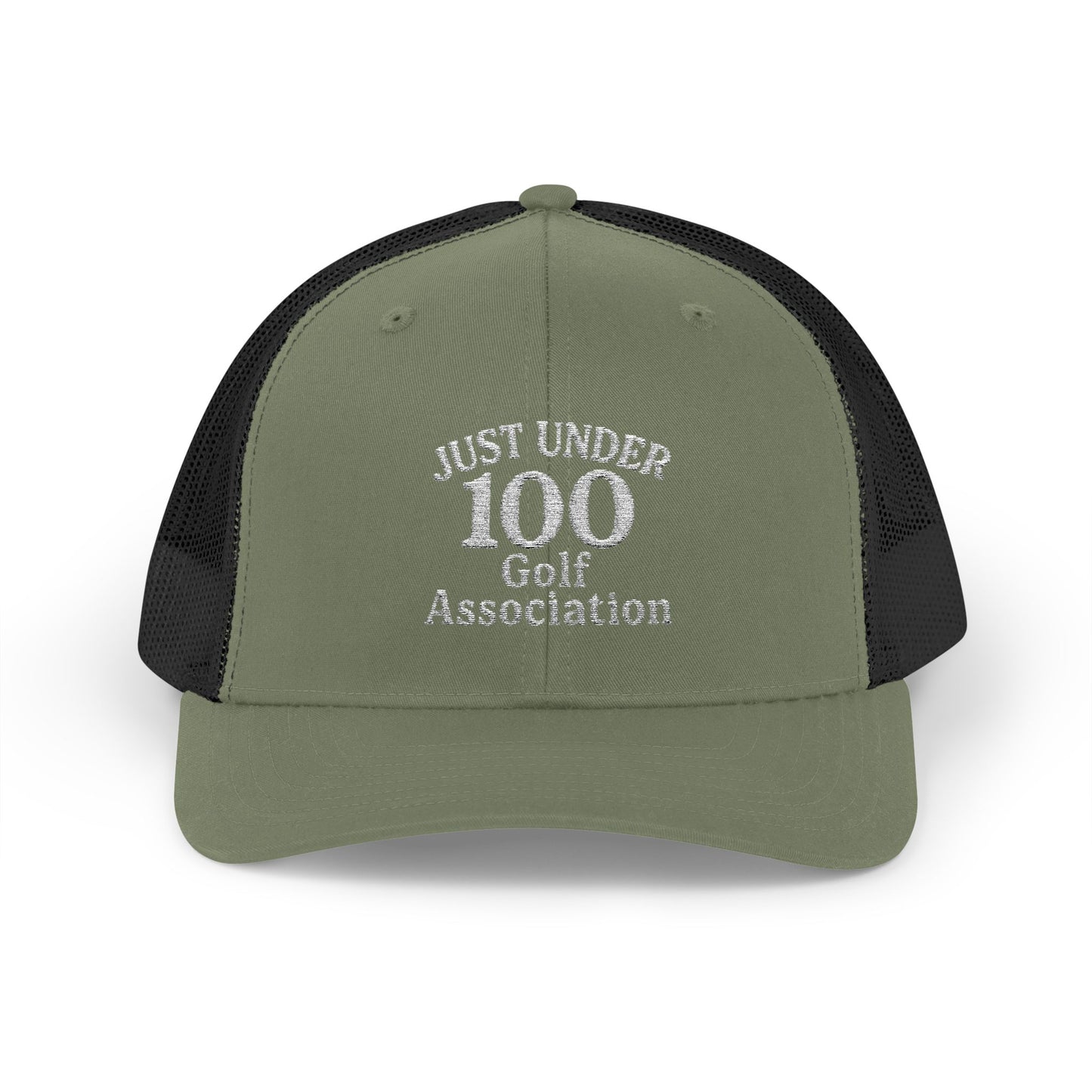 Just Under 100 Golf Trucker Hat – Embroidered Funny Golf Hat for Weekend Golfers and Casual Fairway Vibes. White Letters