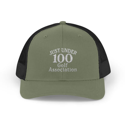 Just Under 100 Golf Trucker Hat – Embroidered Funny Golf Hat for Weekend Golfers and Casual Fairway Vibes. White Letters