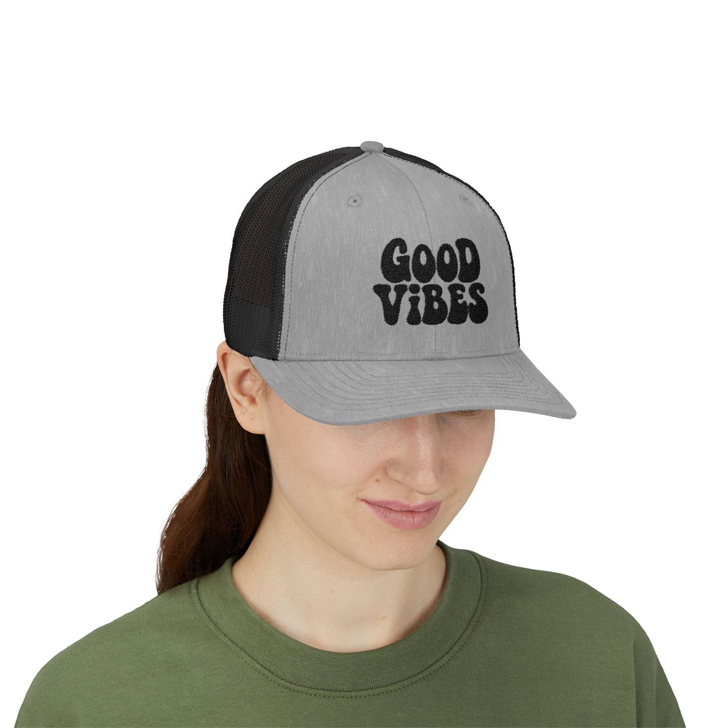 Good Vibes Trucker Hat – Embroidered Retro Text Hat for Positive Vibes, Chill Style, and Everyday Feel-Good Energy. Black Letters