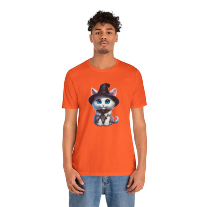 Adorable Witch Cat Halloween Shirt – Cute White Cat in Hat Graphic Tee for Cat Lovers and Halloween Fans